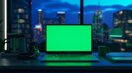 Located in a creative office at night, a laptop stands on a desk with a green screen chromakey mock-up display. A coffee cup, headphones, and notebook stand on a table.