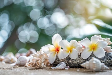 Arranged on a smooth coral stone table, tropical flowers and seashells bask in warm, natural light. The blurred background creates an airy emptiness, emphasizing the unique natural beauty