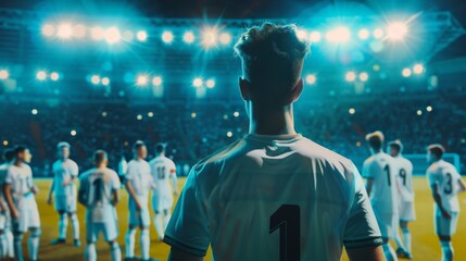 Professional soccer match championship on stadium with disappointed coach training talented players. Teams attack, play passes. Major League Cup World Tournament. Back view.