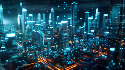 Obraz premium A cityscape with buildings and streets lit up in neon colors