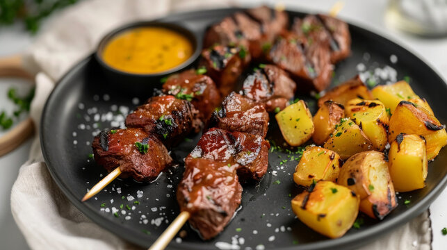 Succulent peruvian anticuchos skewers with roasted potatoes, served with a creamy yellow sauce, on a modern black plate