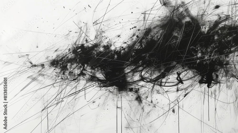 Aufkleber a dynamic black ink splatter creates an abstract pattern against a stark white backdrop.