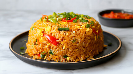 Authentic peruvian arroz chaufa served on a black plate with fresh garnishes against a neutral background, perfect for cuisine themes