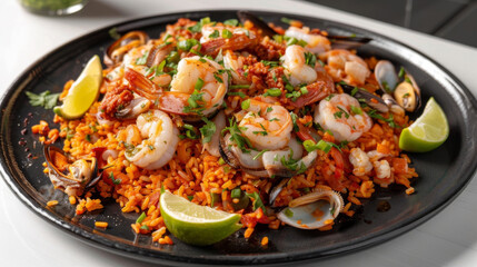 Authentic peruvian seafood paella served with shrimp, mussels, and lime slices on a rustic black plate, garnished with fresh herbs