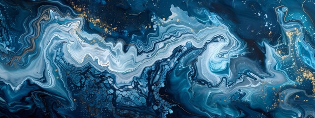 Swirling blue and gold patterns create a mesmerizing abstract design resembling a marble texture.