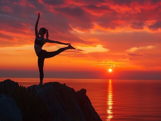 An artistic silhouette of a yoga pose at sunset, promoting wellness and yoga apparel