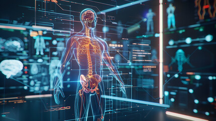 A man's skeleton is displayed on a hologram displays 3D screen