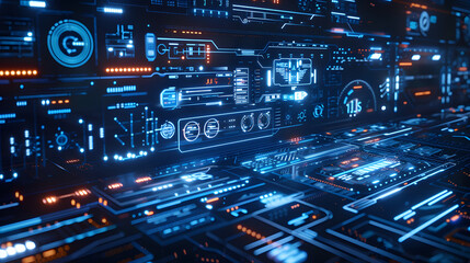 Fototapeta premium A computer monitor with a blue background and orange and blue lights