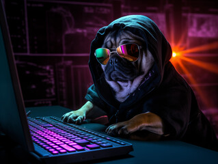 Hacker dog working with computer	