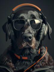 Portrait of a dog with headphones and glasses