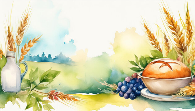 Shavuot holiday concept, watercolor art style, copyspace on a side