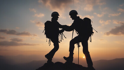 Fototapeta premium silhouette, climbers, helping, reach, top, mountain, cloudy, sky, sunset, time, silhouette, of, climbers, helping, reach, top, mountain, cloudy, sky, sunset, time, silhouette, climbers, helping, reach