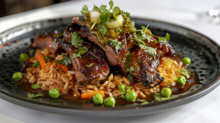 Authentic peruvian lomo saltado served with rice, green peas, and aji sauce on a black ceramic plate, garnished with fresh cilantro