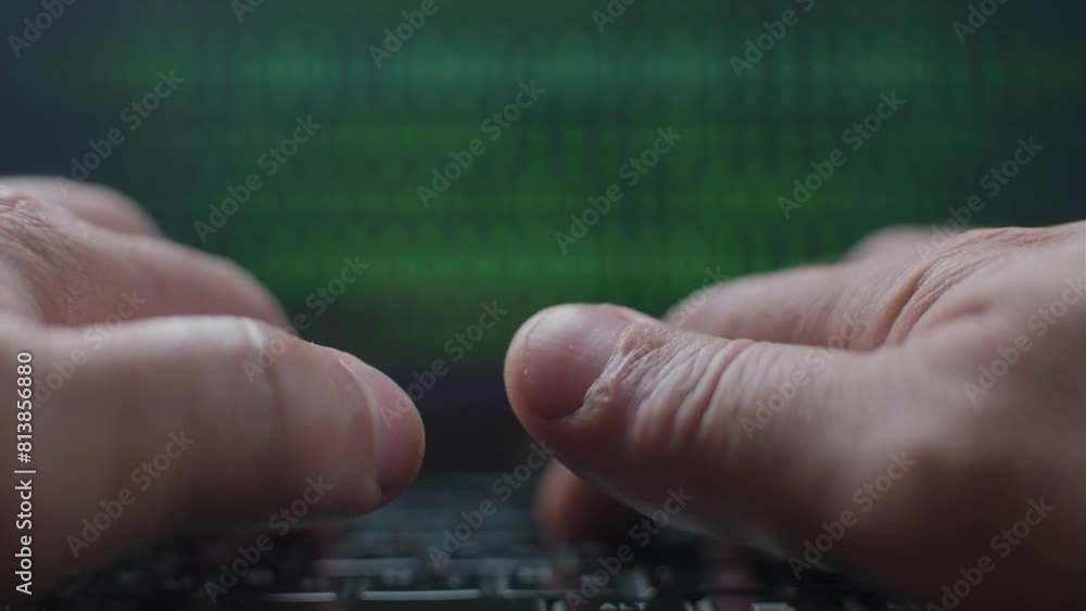 Poster male hands typing on a laptop keyboard with a green binary code in the background