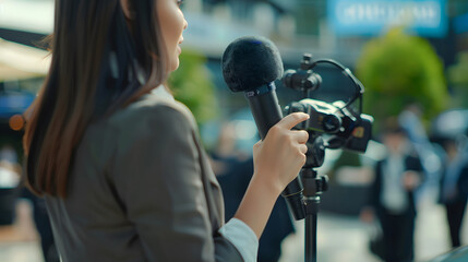 A woman wearing a black jacket is holding a microphone as a reporter