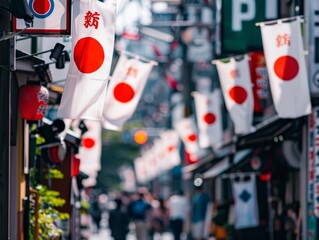 The essence of Japan captured in fluttering national flags along a bustling street, evoking the spirit of Japanese culture and pride.