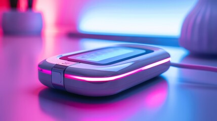 Sleek smart insulin pump with a vivid display screen glowing in the foreground A minimalist, softly lit background ensures the focus remains on the medical device