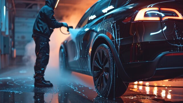 Modern Black Electric SUV with Contemporary Design preparing for sale at a dealership car center with smart foam. Commercial studio footage for advertising.