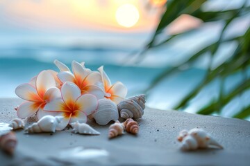 Tropical flowers and seashells arranged on a smooth coral stone table under warm, natural light The blurred background provides empty space to highlight the islands unique natural beauty