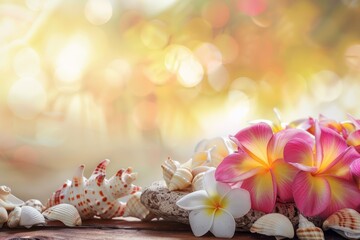 Underneath warm, natural light, tropical flowers and seashells adorn a smooth coral stone table. The blurred background creates ample empty space, allowing the unique natural beauty of the island