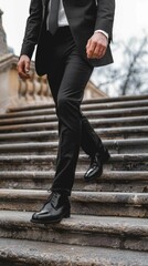 A businessmans foot in a sleek black shoe stepping up marble steps, symbolic of a corporate ascent.
