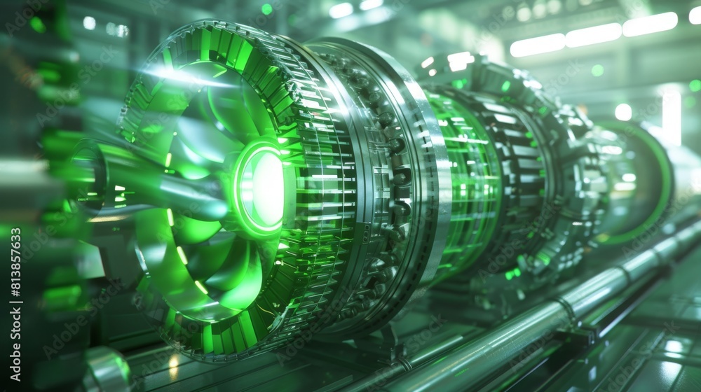 Poster a cad software mockup showing the design of an industrial sustainable green energy turbine engine fr