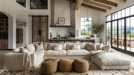 Design a modern rustic living room with a large comfortable sofa, a rustic coffee table, and a few chairs