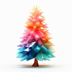 Create a 3D rendering of a rainbow-colored, faceted Christmas tree. The tree should be made of geometric shapes, have a white background, and be brightly lit.