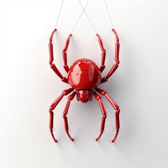 Obraz premium A robotic red spider with long spindly legs hangs from a single thread