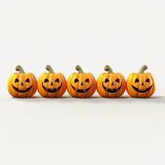 A row of five jack-o'-lanterns. The pumpkins are all different sizes and shapes, and they have different facial expressions carved into them. The background is white.