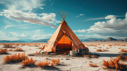 A Tent In Middle of Desert Landscape On Blurry Background