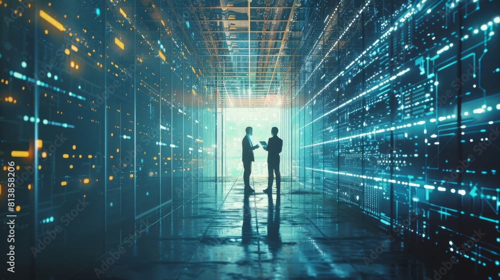 Poster digitalization of industrial facilities: two industrial engineers using tablet computers, visualizin