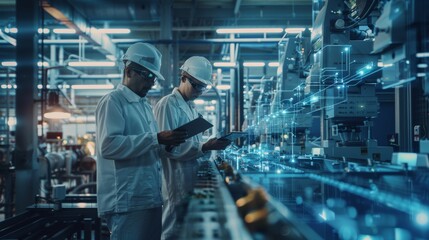 Naklejka premium Industry 4.0 Machine Manufacturing: Two Industrial Engineers Use A Tablet Computer. AI Big Data Analysis. 3D Model of High-Tech Facility.