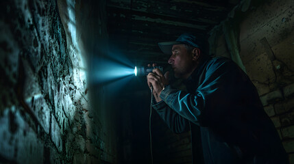 An inspector in a trench coat is holding a flashlight and looking at something