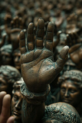 Bronze sculpture of a hand reaching up from a sea of hands.