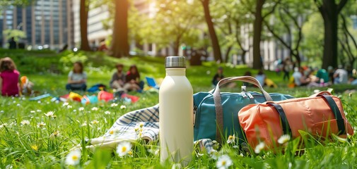 Blank reusable bottle mockup at a bustling city park picnic area, with colorful lunch bags and eco-friendly cutlery, suitable for sustainable brands.