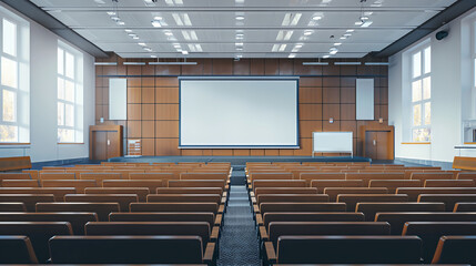 Blank science conference poster mockup in a university lecture hall, with projectors and sample displays, suitable for academic gatherings.