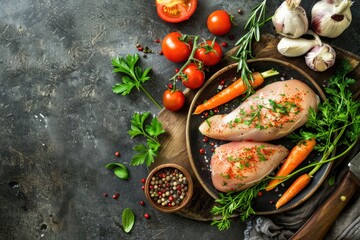 Uncooked chicken breasts surrounded by fresh vegetables