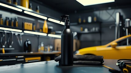 Blank spray bottle mockup on a car detailing station, with microfiber cloths and wax polishes around, ideal for automotive cleaning products.