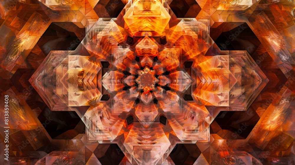 Fototapete A vibrant display of symmetric kaleidoscopic patterns with fiery orange and red hues.