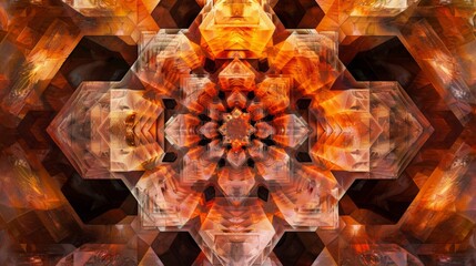 A vibrant display of symmetric kaleidoscopic patterns with fiery orange and red hues.