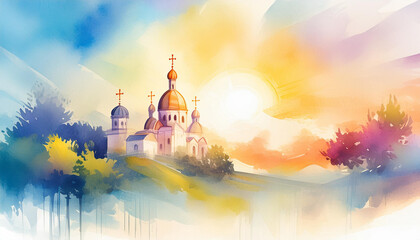 Pentecost Christian Orthodox holiday concept, watercolor art style, copyspace on a side