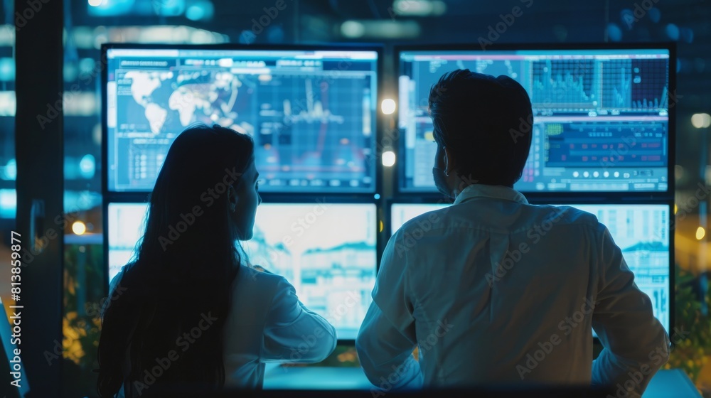 Poster back view of indian man and hispanic woman discussing financial reports on a digital screen in an in