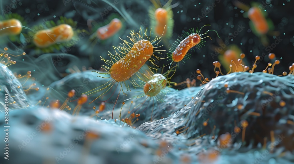 Poster bacteriophages attacking bacterial cells a d rendered visualization of bacterial predation