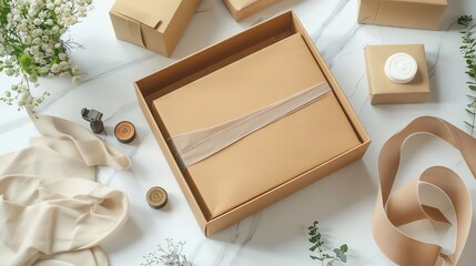 Blank collapsible packaging box mockup in a DIY station, surrounded by craft paper, ribbons, and stamps, perfect for personalized gift boxes.