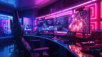 An empty futuristic cyberpunk room with neon lights and a professional gaming station. An ultra wide curved monitor with a shooter video game stands on a stylish glass table.