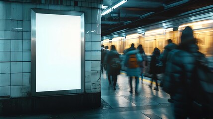 Blank event poster mockup on a crowded subway station wall, with commuters rushing by, ideal for music concerts and festivals.