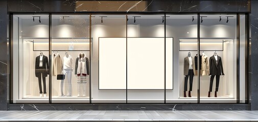 Blank fashion poster mockup on a chic boutique s storefront, with mannequins and stylish window displays, suitable for seasonal collections.