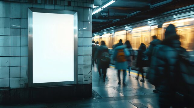 Blank event poster mockup on a crowded subway station wall, with commuters rushing by, ideal for music concerts and festivals.