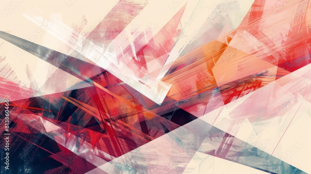 Poster a dynamic composition of overlapping geometric shapes with a blend of red, pink, and white hues.